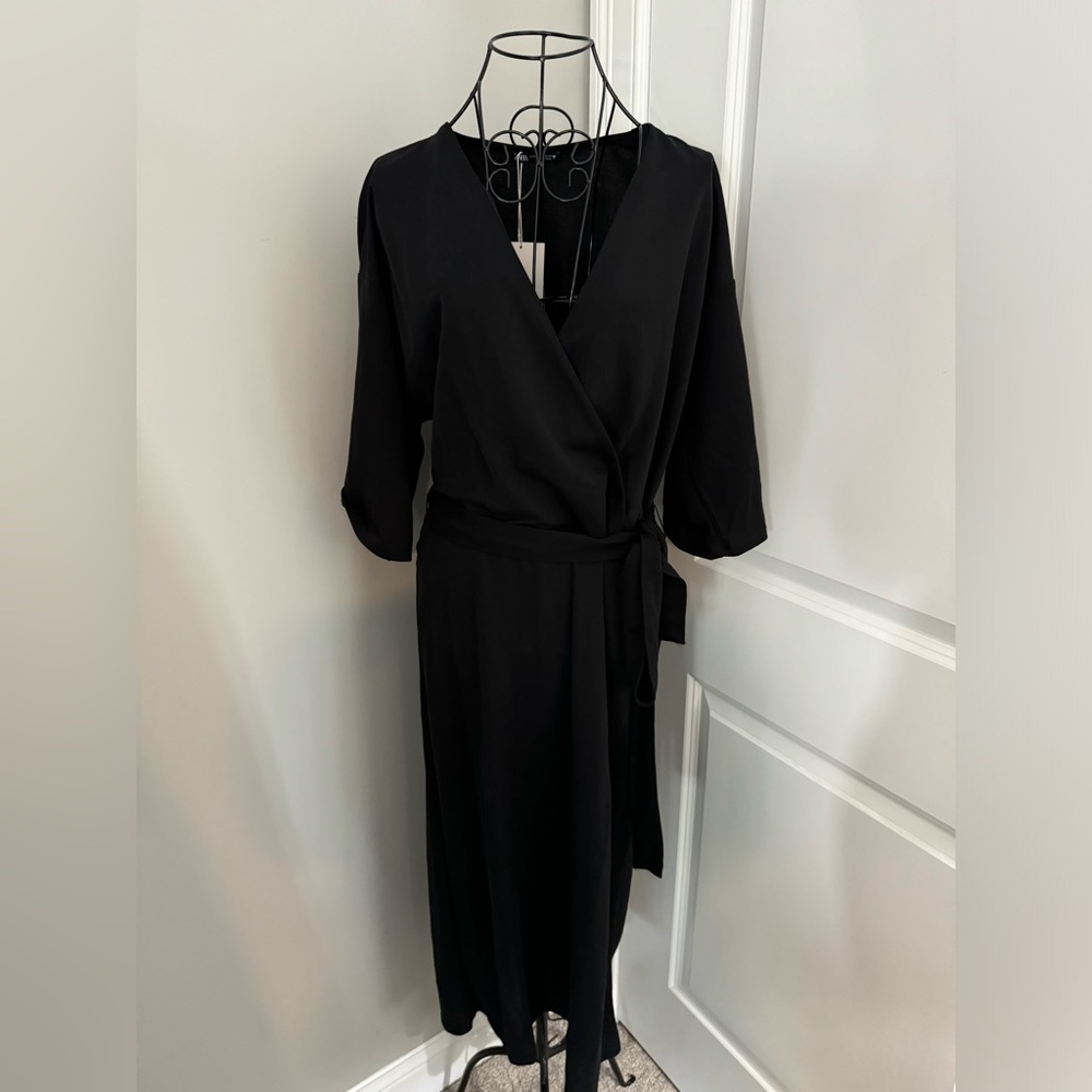 Zara Black Midi Wrap Dress with Tie Waist